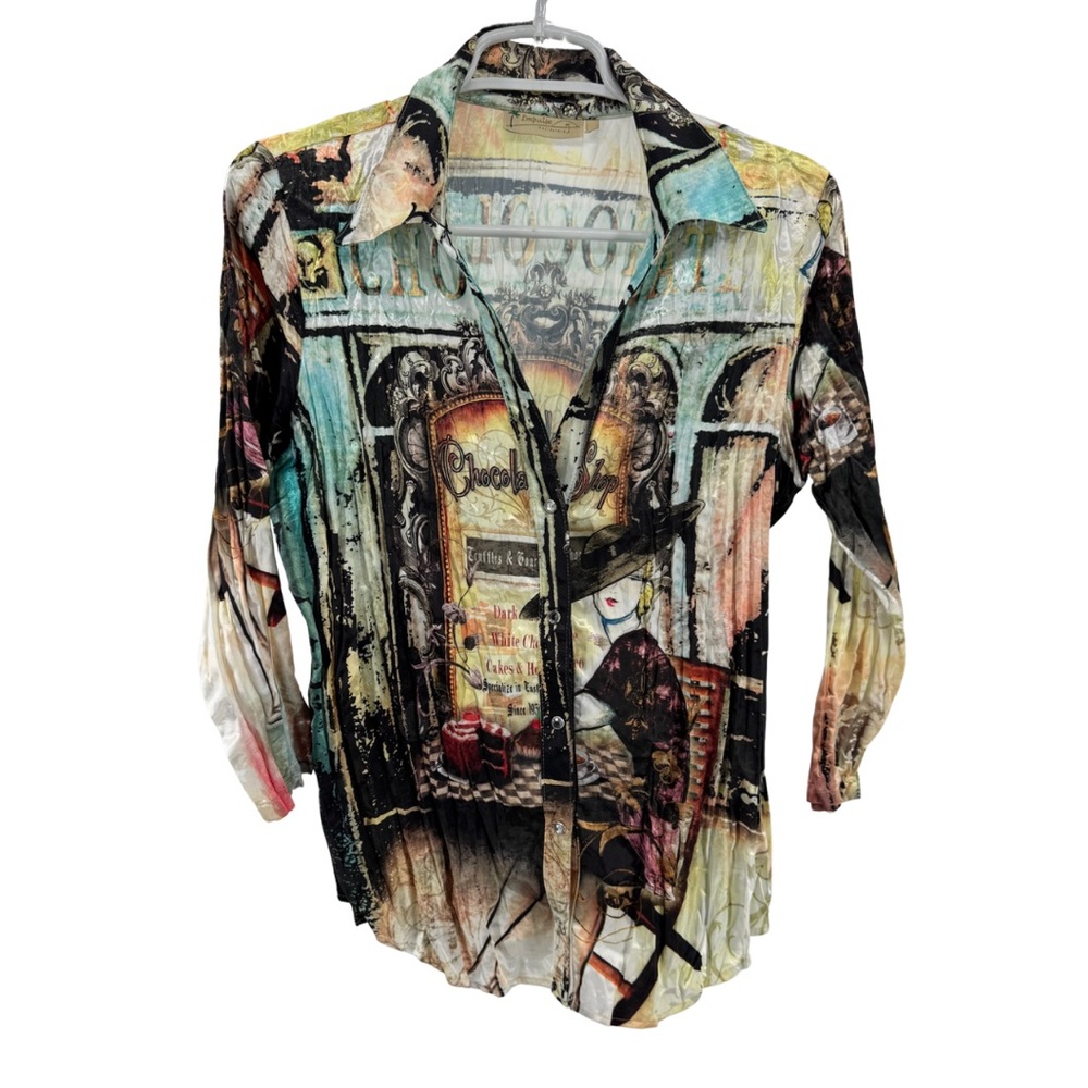 Pulse California Artistic Graphic Women's Blouse silky crinkle vintage 90s Paris